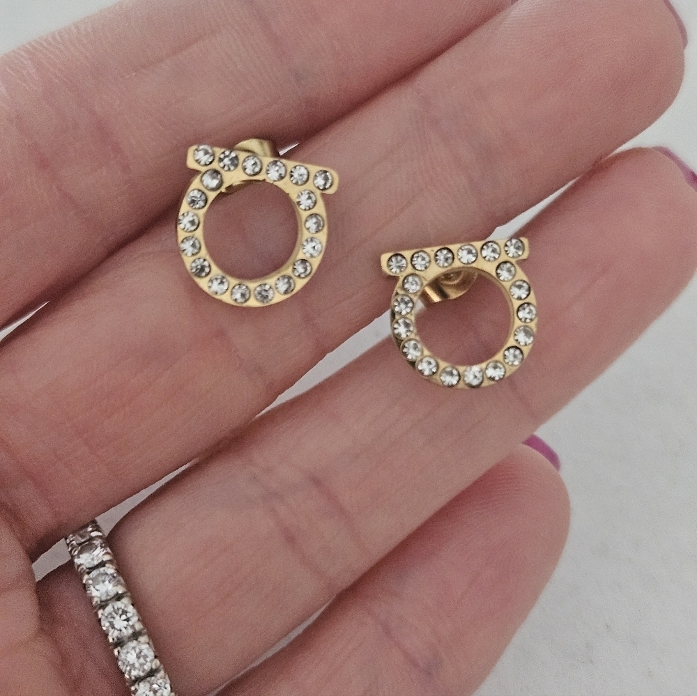 NEW Gancini-Style Gold-Tone Stainless Steel Crystalled Stud Earrings - Picture 2 of 6